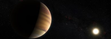 Esta impressão artística mostra o exoplaneta do tipo Júpiter quente 51 Pegasi b, que orbita uma estrela a cerca de 50 anos-luz de distância, na constelação do Pégaso.